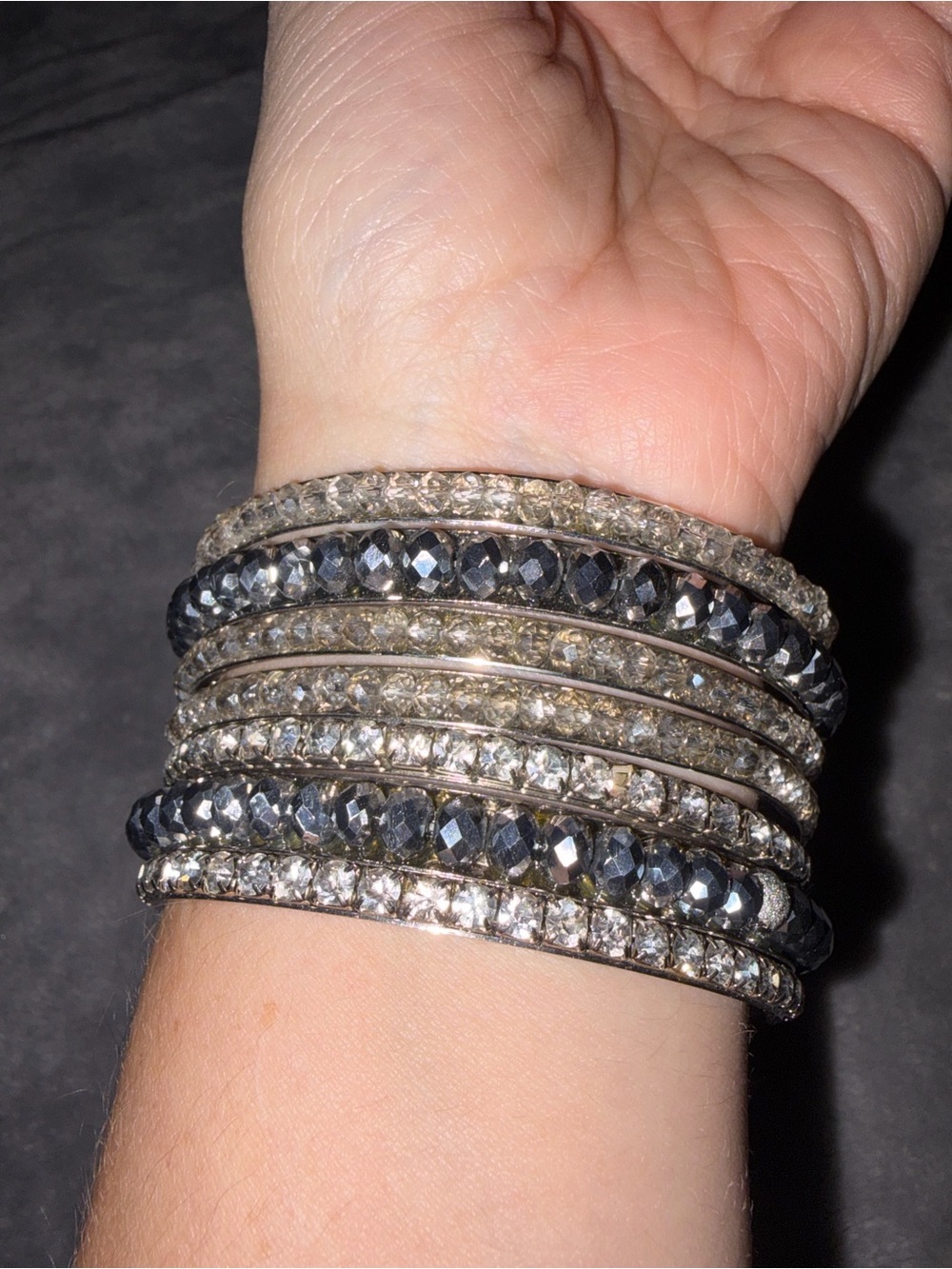 7pc Silver Tone Rhinestone & Gunmetal Bangle Bracelet Stack Set